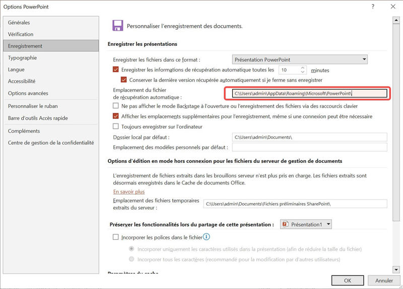 emplacement du fichier de récupération automatique de ppt
