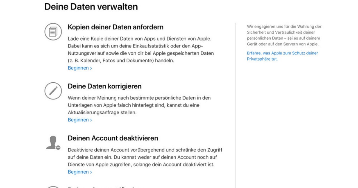 Kopieren deiner Daten anfordern bei Apple