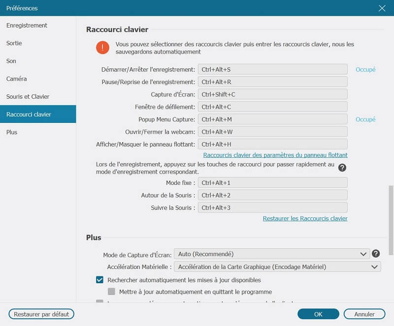 Modifier les raccourcis clavier