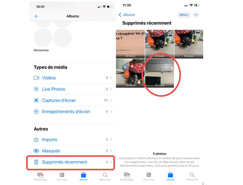 supprimés récemment de l'album sur iPhone