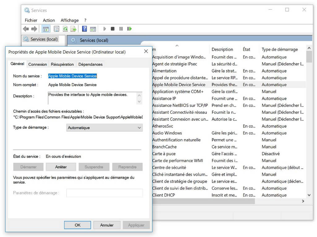 redémarrer Apple Mobile Device Service