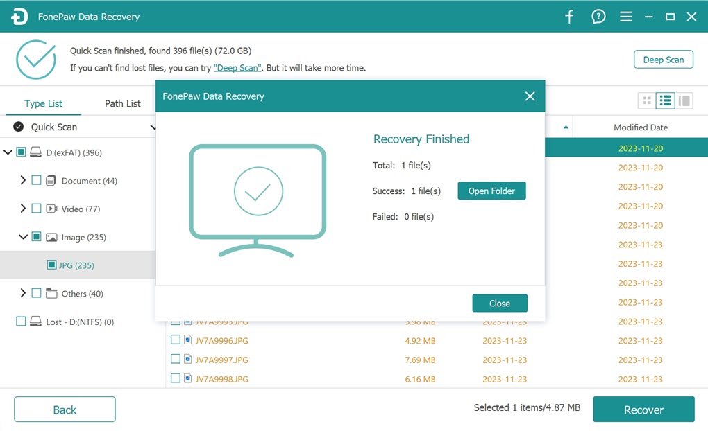 Finish Recovery of Deleted Files from SD Card