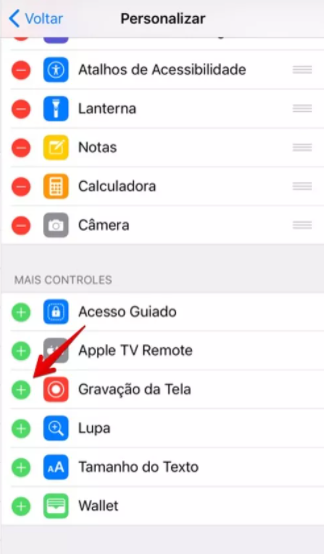 adicionar gravador de tela em ios11