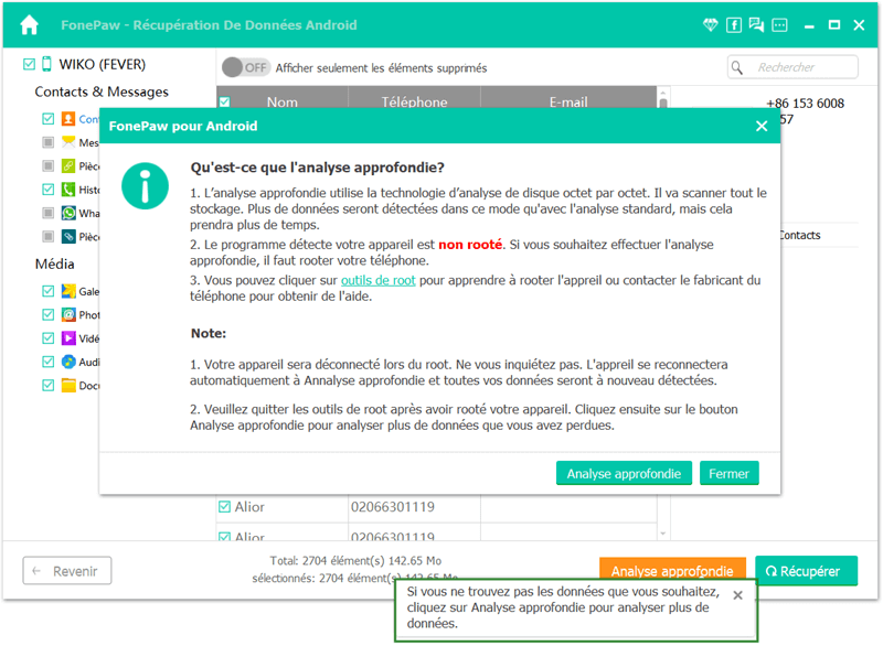 le mode « Analyse approfondie »  dans le logiciel fonepaw