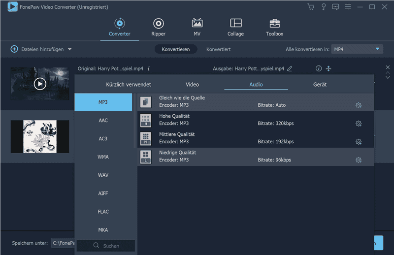 MP3 als Ausgabeformat auswählen