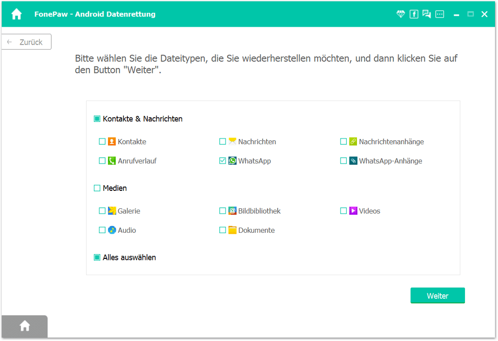 WhatsApp als Datentyp auswählen