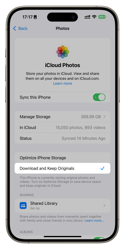 Choose Download and Keep Original Photos