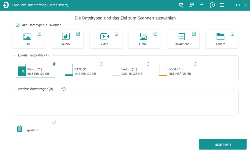 Hauptoberfläche von Fonepaw Datenrettung