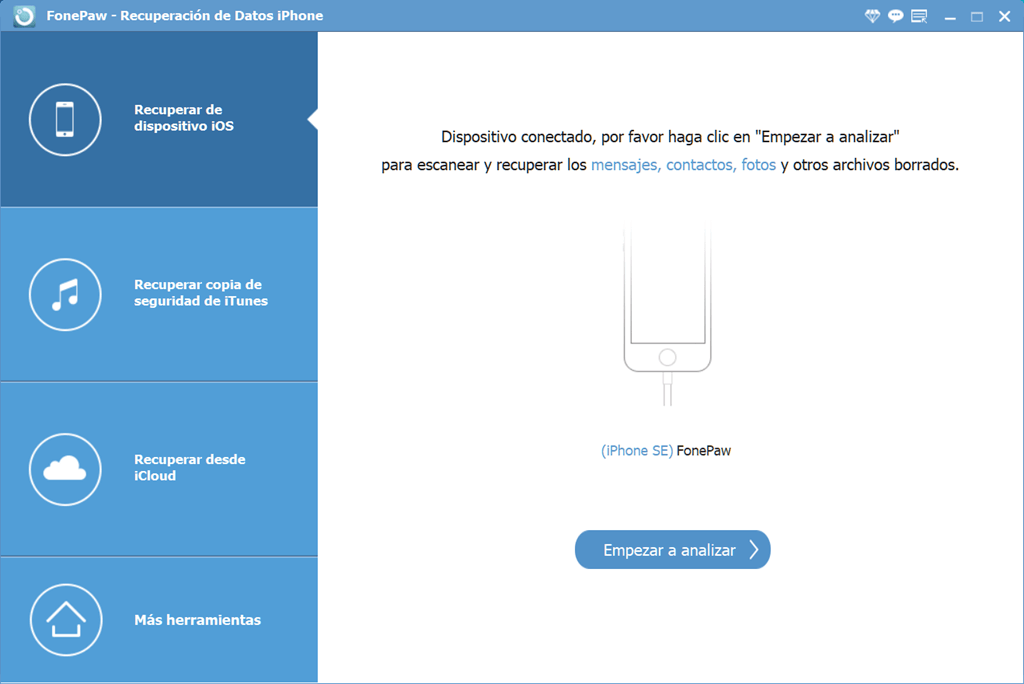 Interfaz de FonePaw Recuperación de Datos iPhone