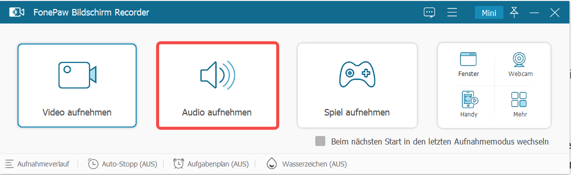 Audio aufnehmen Funktion auswählen