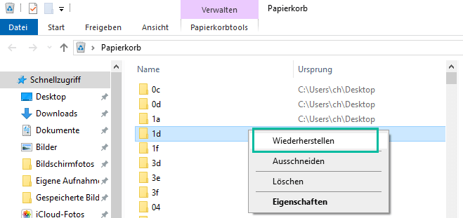 Ordner wiederherstellen Papierkorb