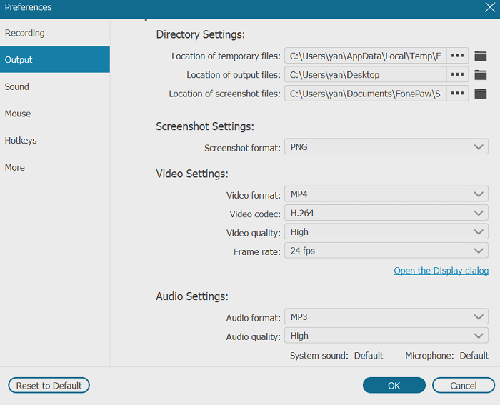 configurações detalhadas