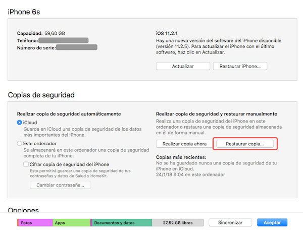 Restaurar copia de seguridad en iTunes