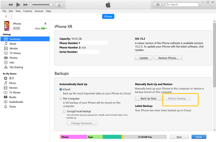 Restore iPhone from iTunes Backup