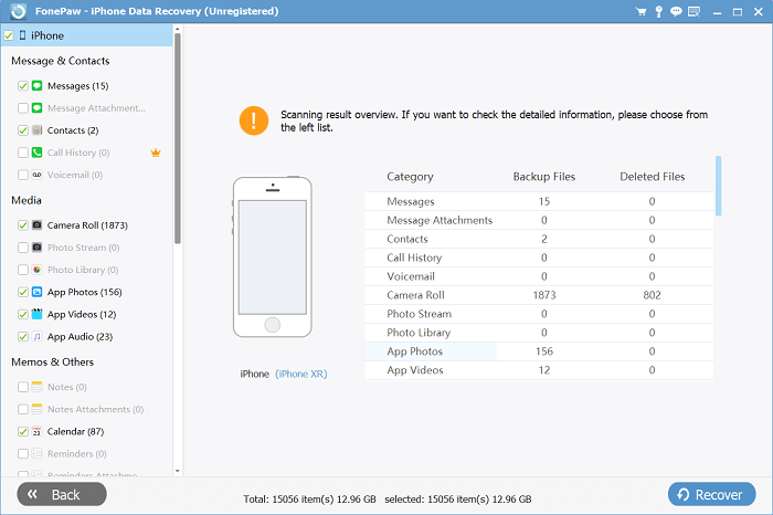 Resultados detetados de backup do iTunes