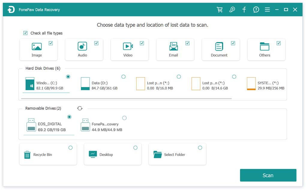 Select File Types and Formatted SD Card to Scan