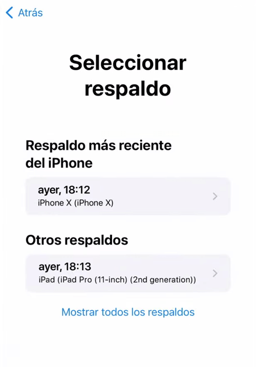 Seleccionar el respaldo de iPhone