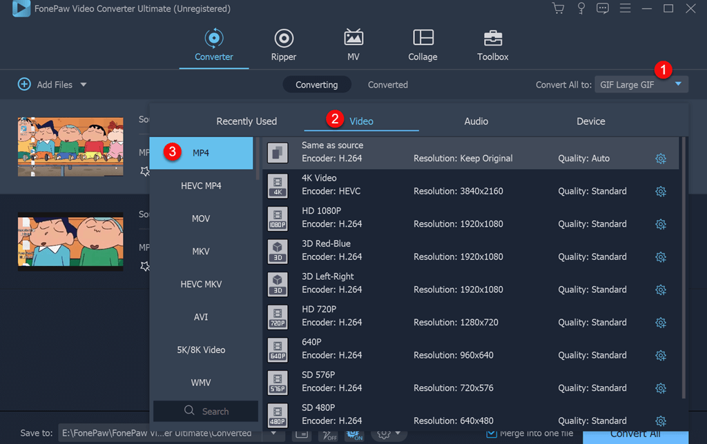 selecionar mp4 como formato de saida