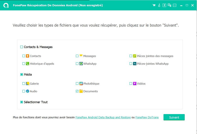 Choisissez les types de fichiers à récupérer