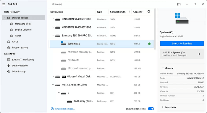 Select Drive To Scan on Disk Drill