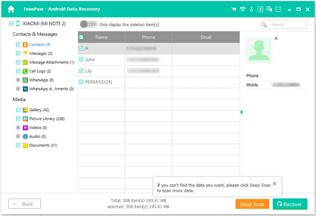 Preview Contacts in Standard Scan