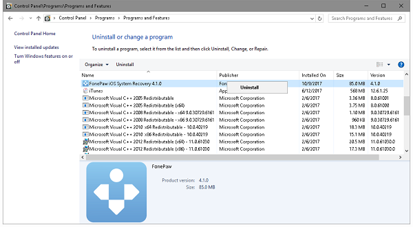 Uninstall from Control Panel