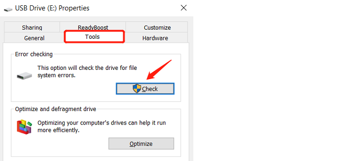 Check USB with Windows Default Tool