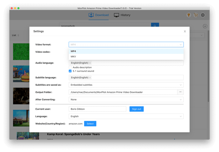 Settings on MovPilot Amazon Prime Video Downloader