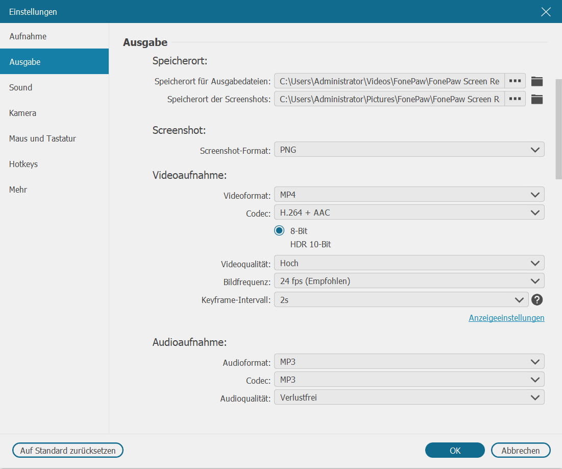 MP3 als Audiofomat auswählen