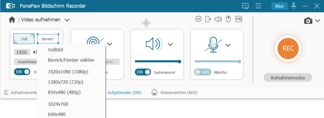 Einstellungen für Bildschirmaufnahme anpassen